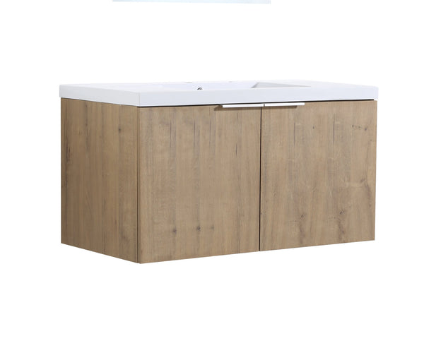 English Elm Modern 36-Inch Floating Bathroom Vanity with Resin Sink, Soft-Close Doors, Open Shelf, Eco Plywood Cabinetry W99950716