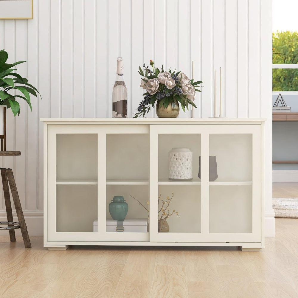 English Elm Kitchen Storage Cabinet with Sliding Glass Doors White Mdf Pantry Buffet Cupboard W28235613