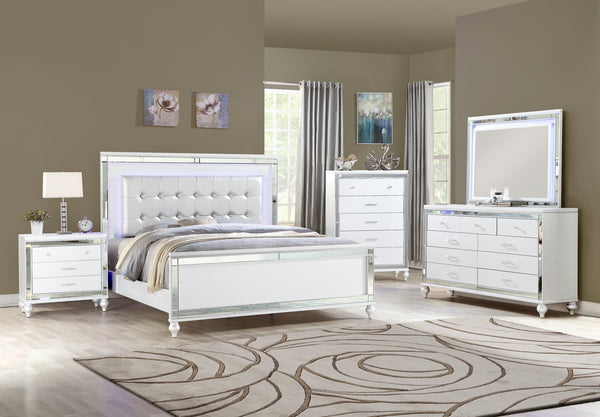 English Elm STERLING Glamour Elegance 5PC King Bedroom Set White with LED Headboard, Mirror Accents, Gold Trim B009S02001