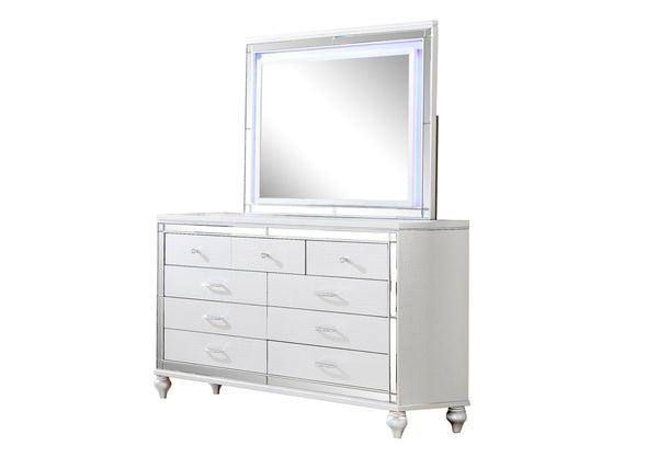 English Elm STERLING Glamour Elegance 4PC King Bedroom Set in White with LED Headboard, Mirror & Gold Accents 808857764690