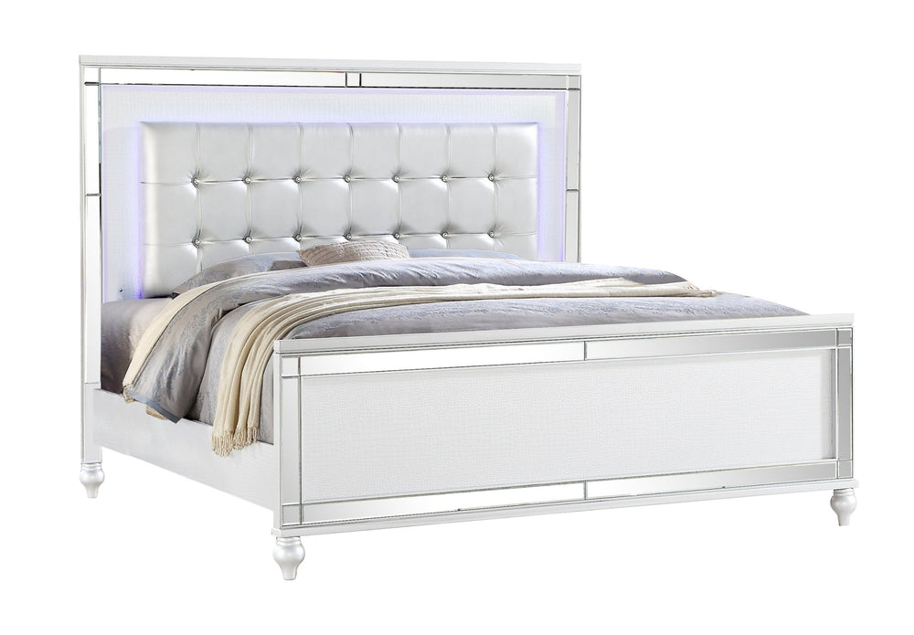 English Elm Sterling King Upholstered LED Bed White with Crystal Tufted Headboard, Mirror Front Glam Design B009S01818