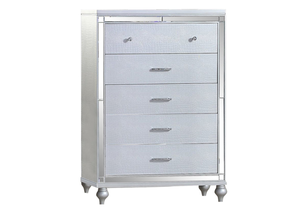 English Elm Sterling Mirrored 5-Drawer Chest Silver Finish — Elegant Solid & Manufactured Wood, Metallic Handles, Chic Legs 808857880727