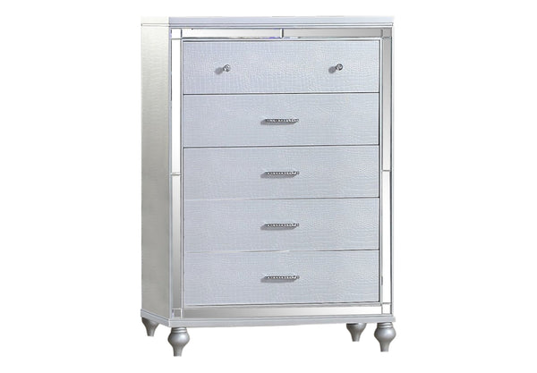English Elm Sterling Mirrored 5-Drawer Chest Silver Finish — Elegant Solid & Manufactured Wood, Metallic Handles, Chic Legs 808857880727