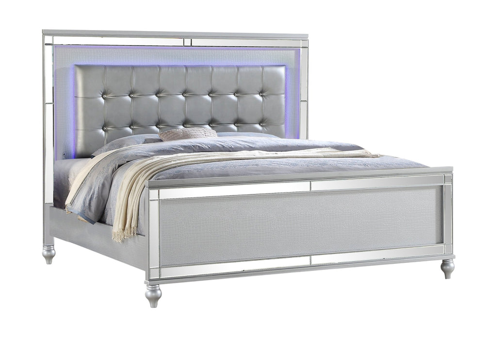 English Elm Sterling Queen Upholstered LED Bed Silver with Crystal Tufted Headboard, Mirror Front Glam Design B009S01817