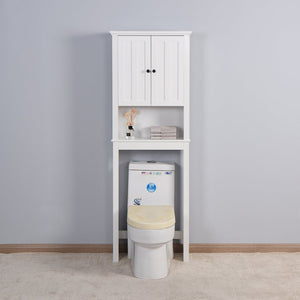 English Elm Bathroom Over Toilet Wood Storage Cabinet with Carved Doors and Adjustable Interior Shelf W40935619