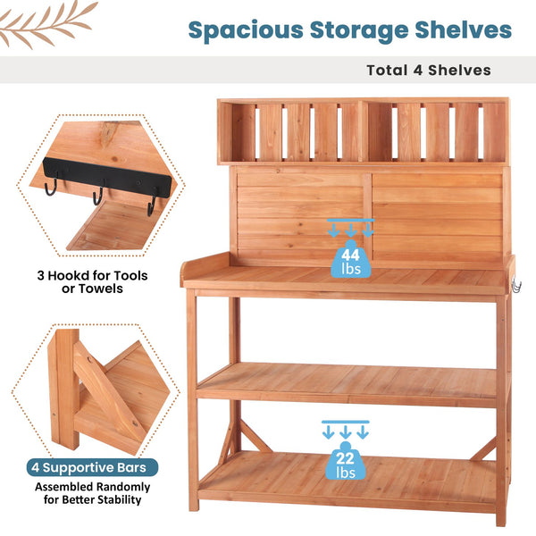 English Elm TOPMAX 65" Wooden Potting Bench with Splash Plate, 4 Shelves & Side Hook, Sturdy Fir Workstation Natural WF285323AAA