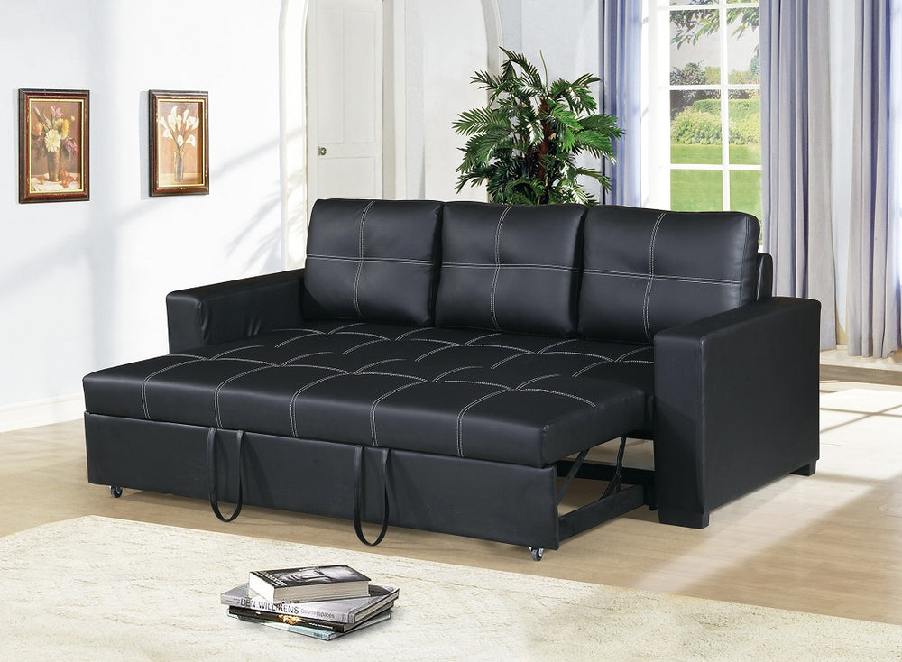 English Elm Sectional Black Faux Leather Convertible Sofa with Pull-Out Bed, Tufted Square Stitching, 85" Lounge HS00F6530-ID-AHD
