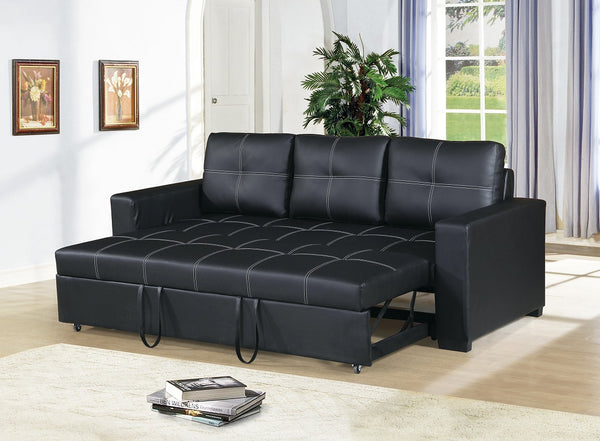 English Elm Sectional Black Faux Leather Convertible Sofa with Pull-Out Bed, Tufted Square Stitching, 85" Lounge HS00F6530-ID-AHD