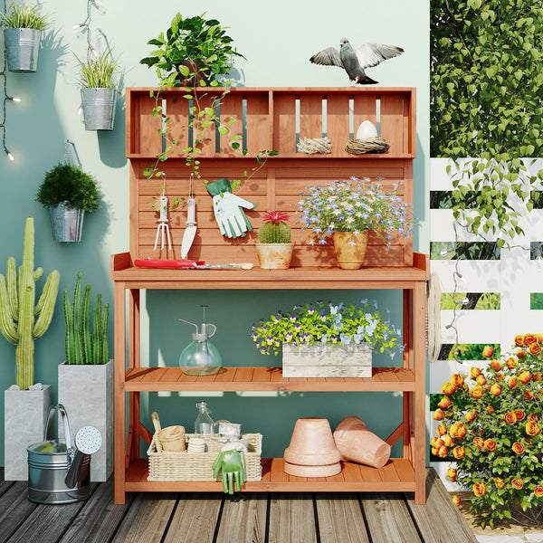 English Elm TOPMAX 65" Wooden Potting Bench with Splash Plate, 4 Shelves & Side Hook, Sturdy Fir Workstation Natural WF285323AAA