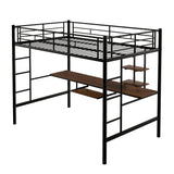 Full Loft Bed with Guard Rails, Double Ladder, Desk and Shelf, Black