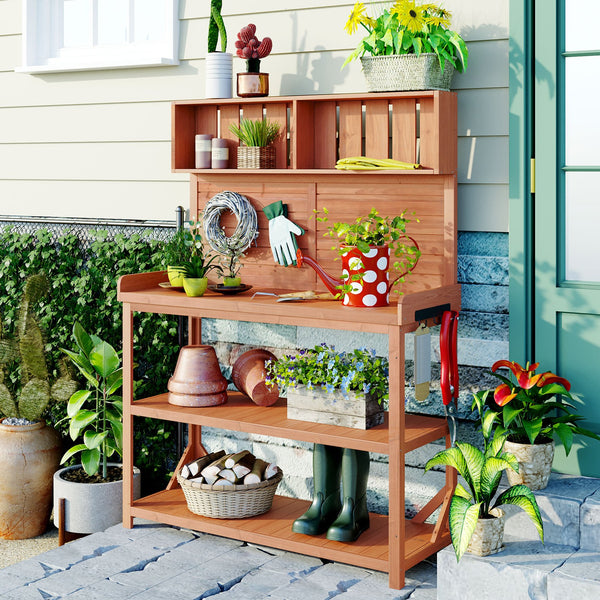 English Elm TOPMAX 65" Wooden Potting Bench with Splash Plate, 4 Shelves & Side Hook, Sturdy Fir Workstation Natural WF285323AAA