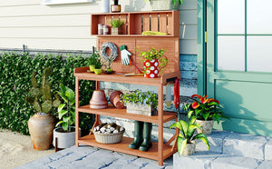 English Elm TOPMAX 65" Wooden Potting Bench with Splash Plate, 4 Shelves & Side Hook, Sturdy Fir Workstation Natural WF285323AAA
