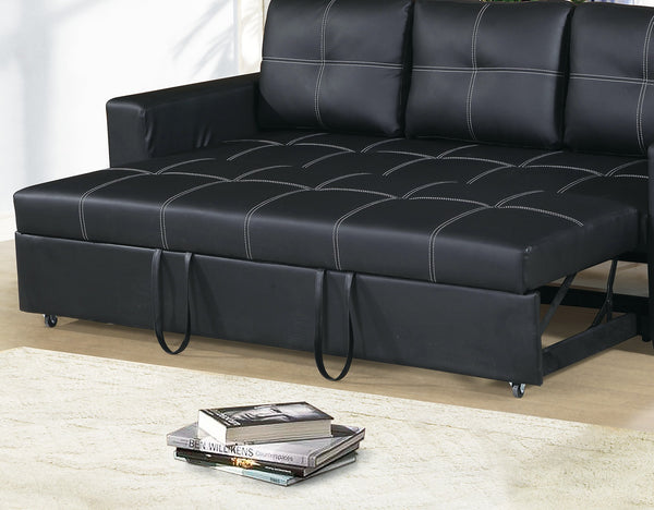 English Elm Sectional Black Faux Leather Convertible Sofa with Pull-Out Bed, Tufted Square Stitching, 85" Lounge HS00F6530-ID-AHD