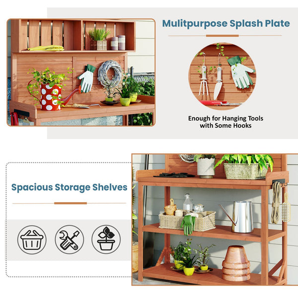 English Elm TOPMAX 65" Wooden Potting Bench with Splash Plate, 4 Shelves & Side Hook, Sturdy Fir Workstation Natural WF285323AAA