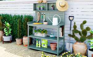 English Elm TOPMAX 65" Wooden Potting Bench with Splash Plate, 4 Shelves & Side Hook, Sturdy Fir Workstation Green WF285323AAF