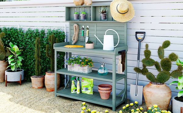 English Elm TOPMAX 65" Wooden Potting Bench with Splash Plate, 4 Shelves & Side Hook, Sturdy Fir Workstation Green WF285323AAF