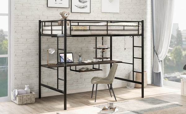 English Elm Loft Full Metal Bed with Desk & Shelf, Space-Saving Modern Black Design, Sturdy 250lb Capacity MF285665AAB