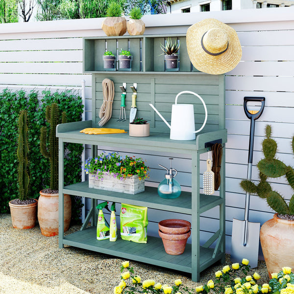 English Elm TOPMAX 65" Wooden Potting Bench with Splash Plate, 4 Shelves & Side Hook, Sturdy Fir Workstation Green WF285323AAF