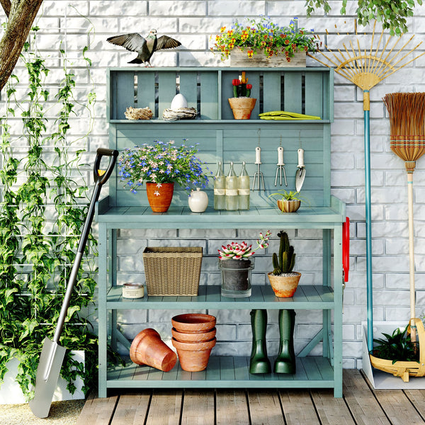 English Elm TOPMAX 65" Wooden Potting Bench with Splash Plate, 4 Shelves & Side Hook, Sturdy Fir Workstation Green WF285323AAF