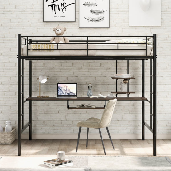 English Elm Loft Full Metal Bed with Desk & Shelf, Space-Saving Modern Black Design, Sturdy 250lb Capacity MF285665AAB