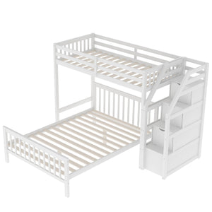 English Elm Twin loft bed with staircase and storage for 3, pine/MDF sturdy design, slat kit included, 97.2"L White SM000107AAK-1