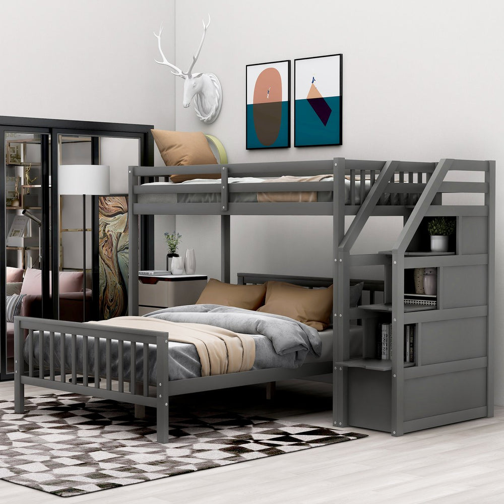 English Elm Twin loft bed with staircase and storage for 3, pine/MDF sturdy design, slat kit included, 97.2"L Gray SM000107AAE-1