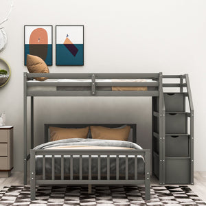 English Elm Twin loft bed with staircase and storage for 3, pine/MDF sturdy design, slat kit included, 97.2"L Gray SM000107AAE-1