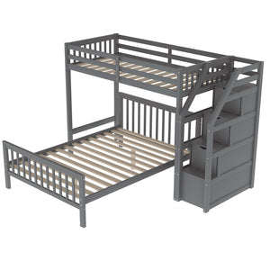 English Elm Twin loft bed with staircase and storage for 3, pine/MDF sturdy design, slat kit included, 97.2"L Gray SM000107AAE-1