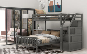 English Elm Twin loft bed with staircase and storage for 3, pine/MDF sturdy design, slat kit included, 97.2"L Gray SM000107AAE-1