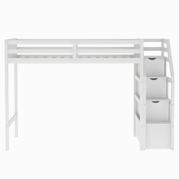 English Elm Twin loft bed with staircase and storage for 3, pine/MDF sturdy design, slat kit included, 97.2"L White SM000107AAK-1