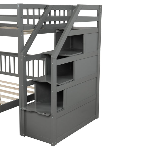 English Elm Twin loft bed with staircase and storage for 3, pine/MDF sturdy design, slat kit included, 97.2"L Gray SM000107AAE-1