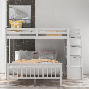 English Elm Twin loft bed with staircase and storage for 3, pine/MDF sturdy design, slat kit included, 97.2"L White SM000107AAK-1