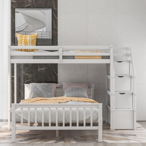 English Elm Twin loft bed with staircase and storage for 3, pine/MDF sturdy design, slat kit included, 97.2"L White SM000107AAK-1
