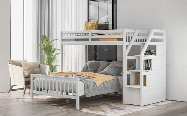 English Elm Twin loft bed with staircase and storage for 3, pine/MDF sturdy design, slat kit included, 97.2"L White SM000107AAK-1