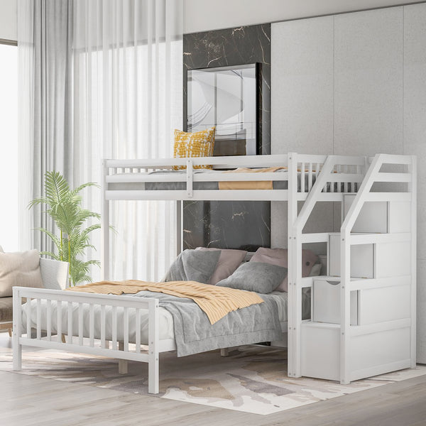 English Elm Twin loft bed with staircase and storage for 3, pine/MDF sturdy design, slat kit included, 97.2"L White SM000107AAK-1