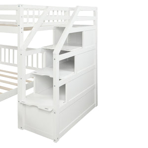 English Elm Twin loft bed with staircase and storage for 3, pine/MDF sturdy design, slat kit included, 97.2"L White SM000107AAK-1