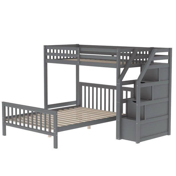 English Elm Twin loft bed with staircase and storage for 3, pine/MDF sturdy design, slat kit included, 97.2"L Gray SM000107AAE-1