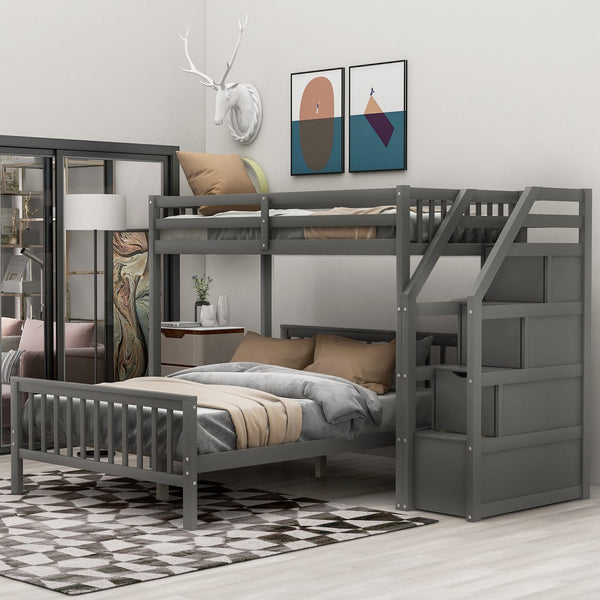English Elm Twin loft bed with staircase and storage for 3, pine/MDF sturdy design, slat kit included, 97.2"L Gray SM000107AAE-1