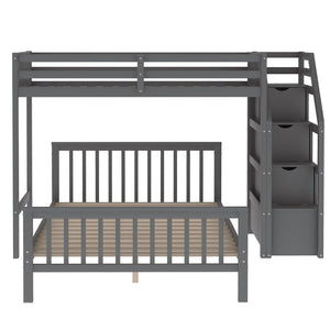 English Elm Twin loft bed with staircase and storage for 3, pine/MDF sturdy design, slat kit included, 97.2"L Gray SM000107AAE-1