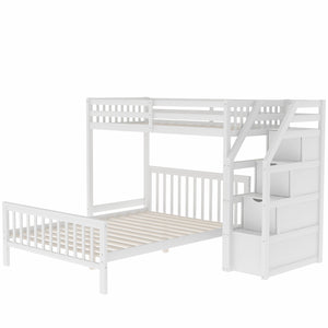 English Elm Twin loft bed with staircase and storage for 3, pine/MDF sturdy design, slat kit included, 97.2"L White SM000107AAK-1