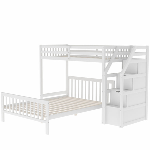 English Elm Twin loft bed with staircase and storage for 3, pine/MDF sturdy design, slat kit included, 97.2"L White SM000107AAK-1