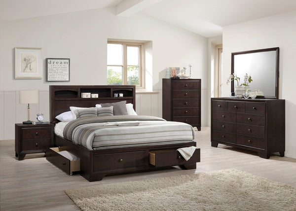 English Elm Modern Queen Storage Bed Cherry Veneer Bookshelf Headboard Four Under Drawer B011S02143