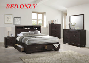 English Elm Modern Eastern King Storage Bed with Cherry Veneer Headboard Shelves & Underbed Drawers, Espresso Finish HS00F9326EK-ID-AHD