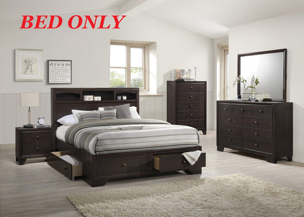 English Elm Modern Eastern King Storage Bed with Cherry Veneer Headboard Shelves & Underbed Drawers, Espresso Finish HS00F9326EK-ID-AHD