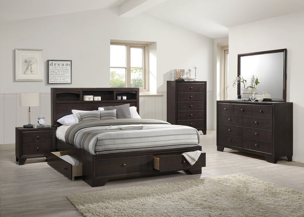 English Elm Modern Eastern King Storage Bed with Cherry Veneer Headboard Shelves & Underbed Drawers, Espresso Finish HS00F9326EK-ID-AHD