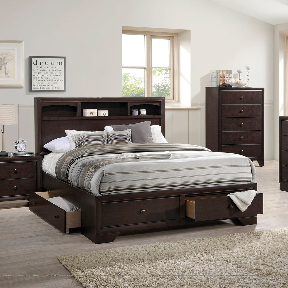English Elm Modern Eastern King Storage Bed with Cherry Veneer Headboard Shelves & Underbed Drawers, Espresso Finish HS00F9326EK-ID-AHD