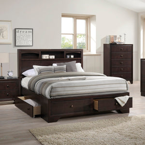 English Elm Modern Eastern King Storage Bed with Cherry Veneer Headboard Shelves & Underbed Drawers, Espresso Finish HS00F9326EK-ID-AHD