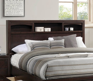 English Elm Modern Eastern King Storage Bed with Cherry Veneer Headboard Shelves & Underbed Drawers, Espresso Finish HS00F9326EK-ID-AHD