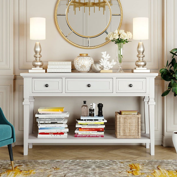 English Elm Trexm Neoclassical Pine Console Table Three Drawers Open Shelf Entryway Storage Antique White WF199599AAK