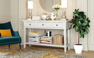 English Elm Trexm Neoclassical Pine Console Table Three Drawers Open Shelf Entryway Storage Antique White WF199599AAK